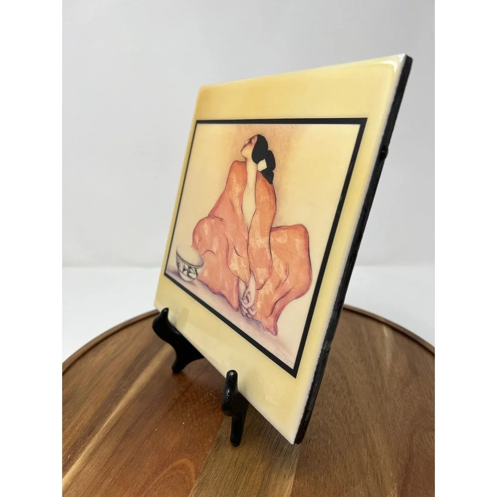 Native American Style Art Ceramic Tile Featuring Two Women Sitting‎ with Bowl